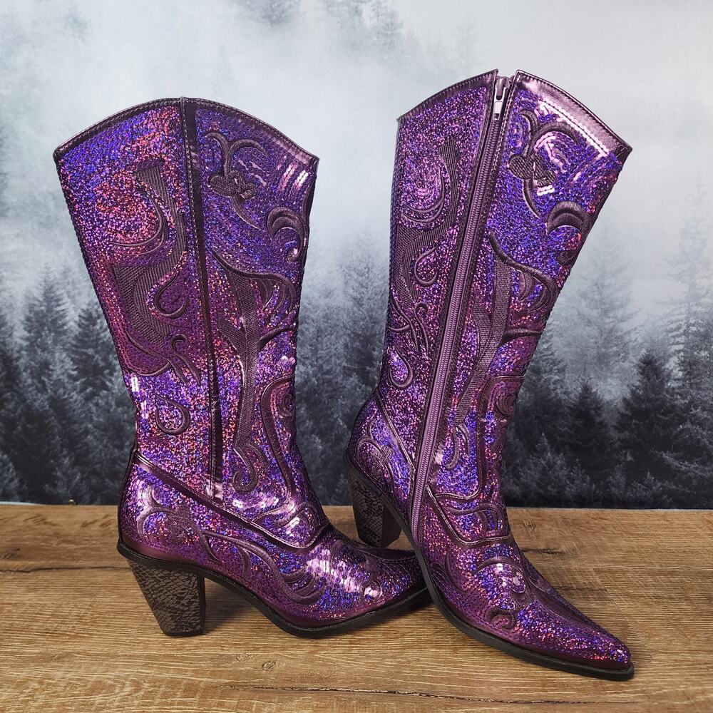 Helen's Heart Purple Sequin Embroidered Tall Western Boots | Women's 9